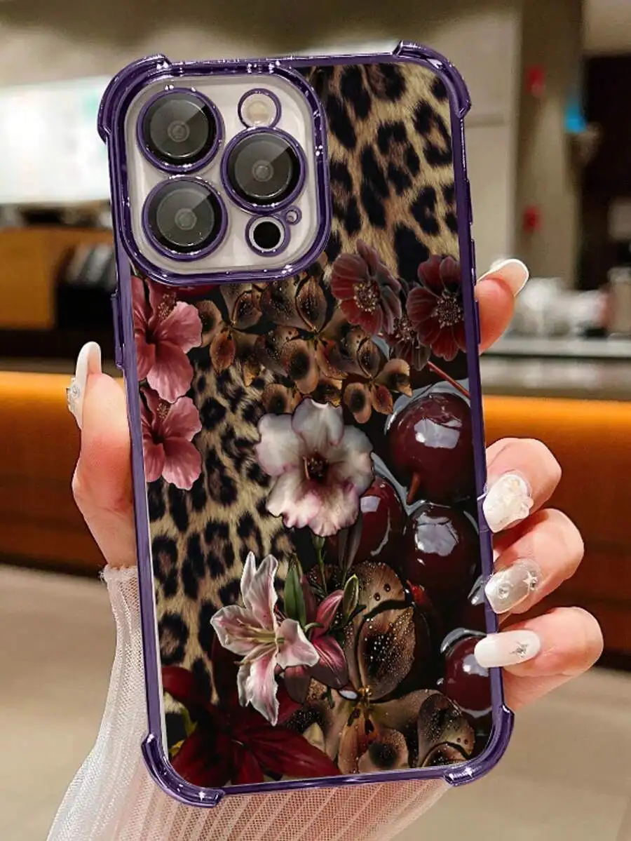 

1pc Leopard Cherry Flowers Compatible With Apple Phone17/16/15/14/13/12/11/ProMax/Pro/Plus/Xs Max/XS/X,Four Corner Anti Fall Tra