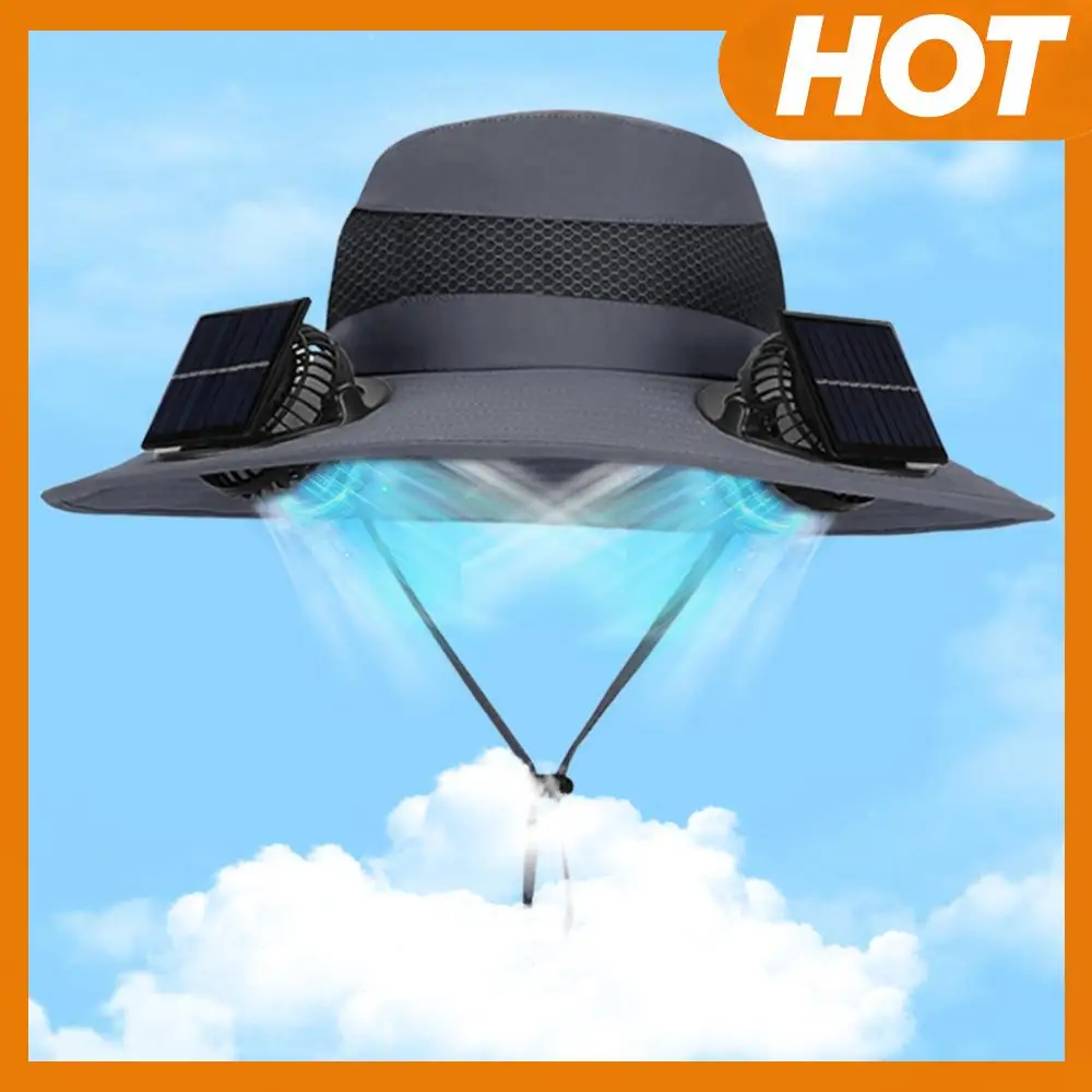 

Шляпа с солнечным вентилятором, уличная шляпа от солнца с широкими полями, пляжная шляпа для рыбалки на шнурке (темно-серая)