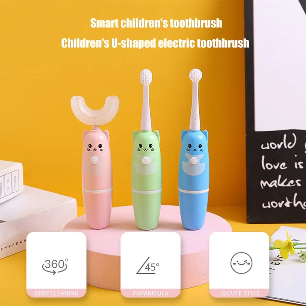 Degree Teeth Cleaning Children Teeth Brush Baby Toothbrush Silicone Brush Head U-Shaped Toothbrush 2 in1 Electric Toothbrush