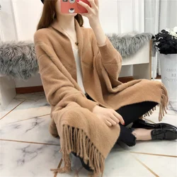 Women Oversize Knitted Knurling Faux Mink Velvet Winter Poncho Solid Female Long Batwing Sleeves Knitwear Vintage Shawl Coat