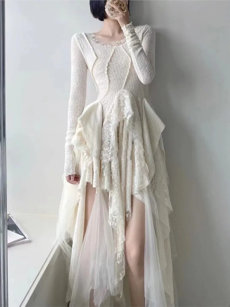 French Vintage Elegant Lace Dress Women 2024 Spring Summer New Irregular Splicing Long Bridesmaid Evening Party Dress Prom Robe