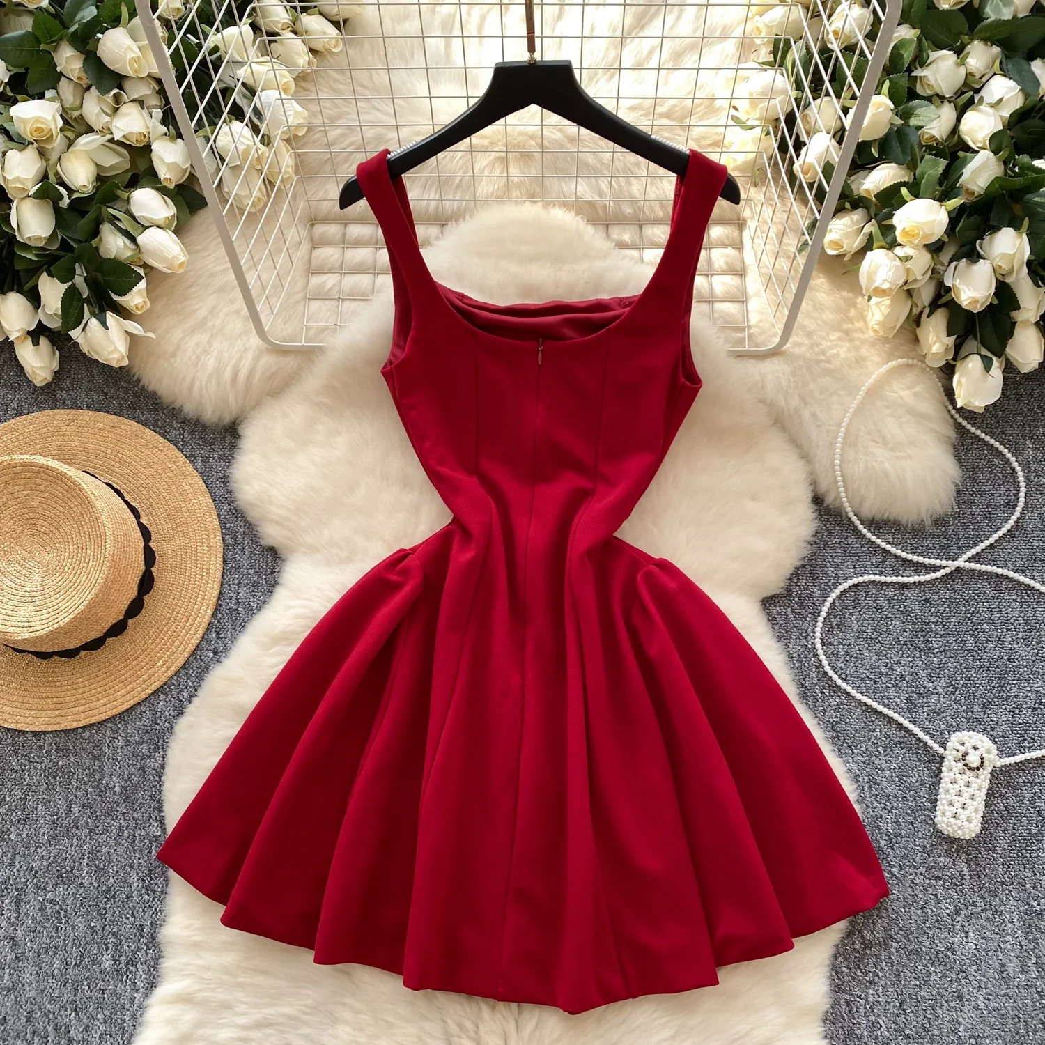 Women Square Neck Vintage Sleeveless Elegant Pleated Sweet A-line Slim Short Straps Dresses French Evening High Street Clothing