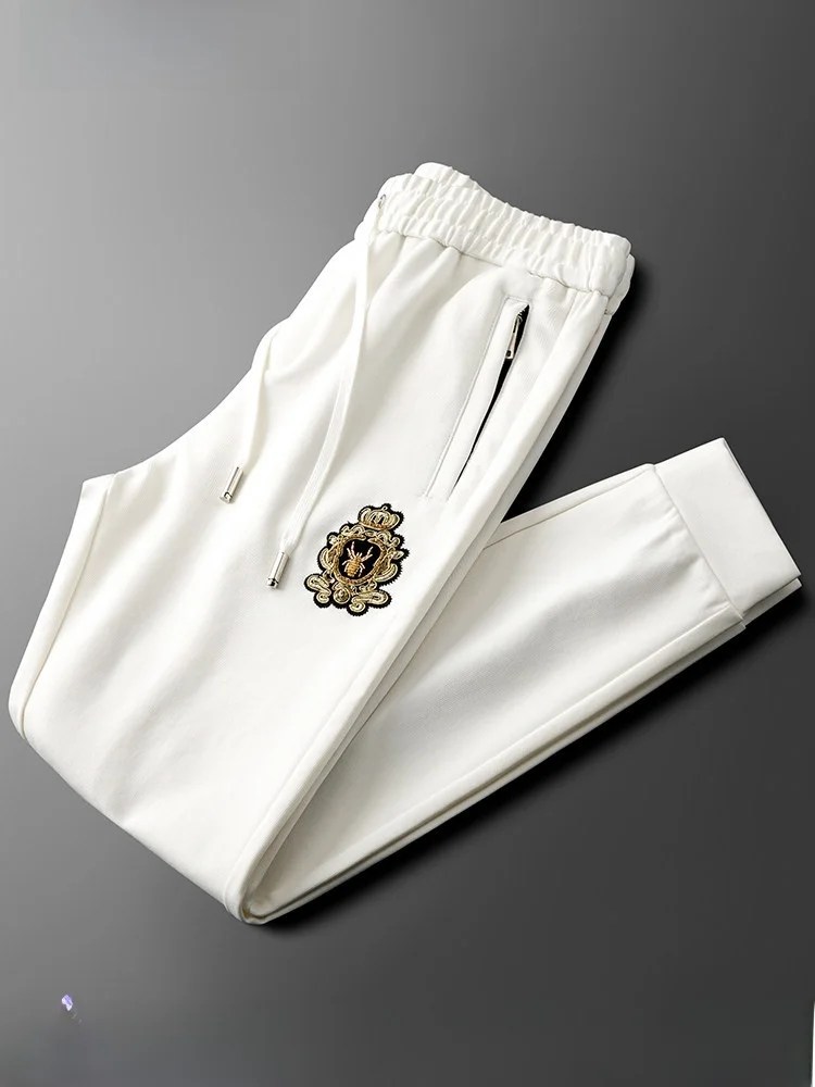 

White Slim Fit Sport Pants for Men Casual Youth Style Bee Pattern Printed Comfortable Fashionable Autumn Season Regular Thick...