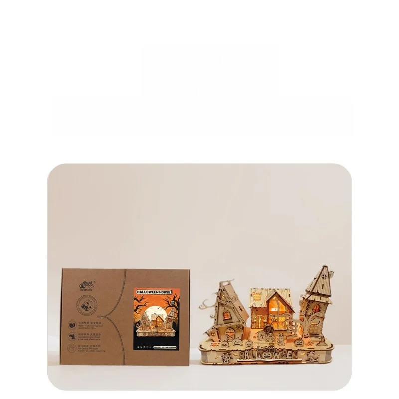 Casa assombrada de Halloween com kit DIY de quebra-cabeça de madeira 3D, decoração de mesa noturna assustadora para adultos