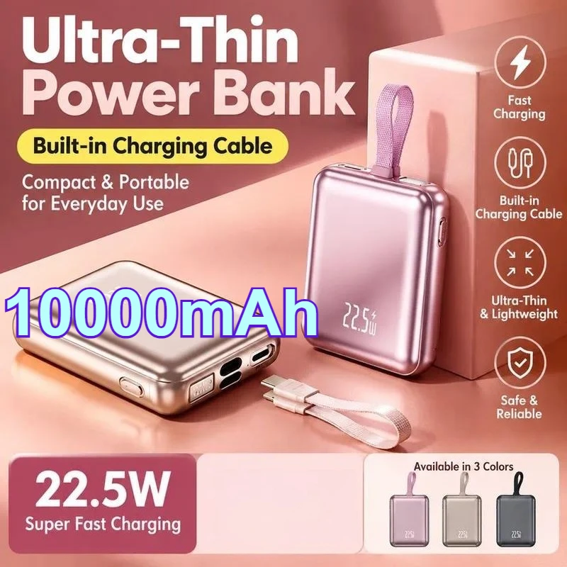 Thin and Light Fast Charging Power Bank with Built in Cable Dual Wire Quick Charge Portable Battery for Outdoor Travel