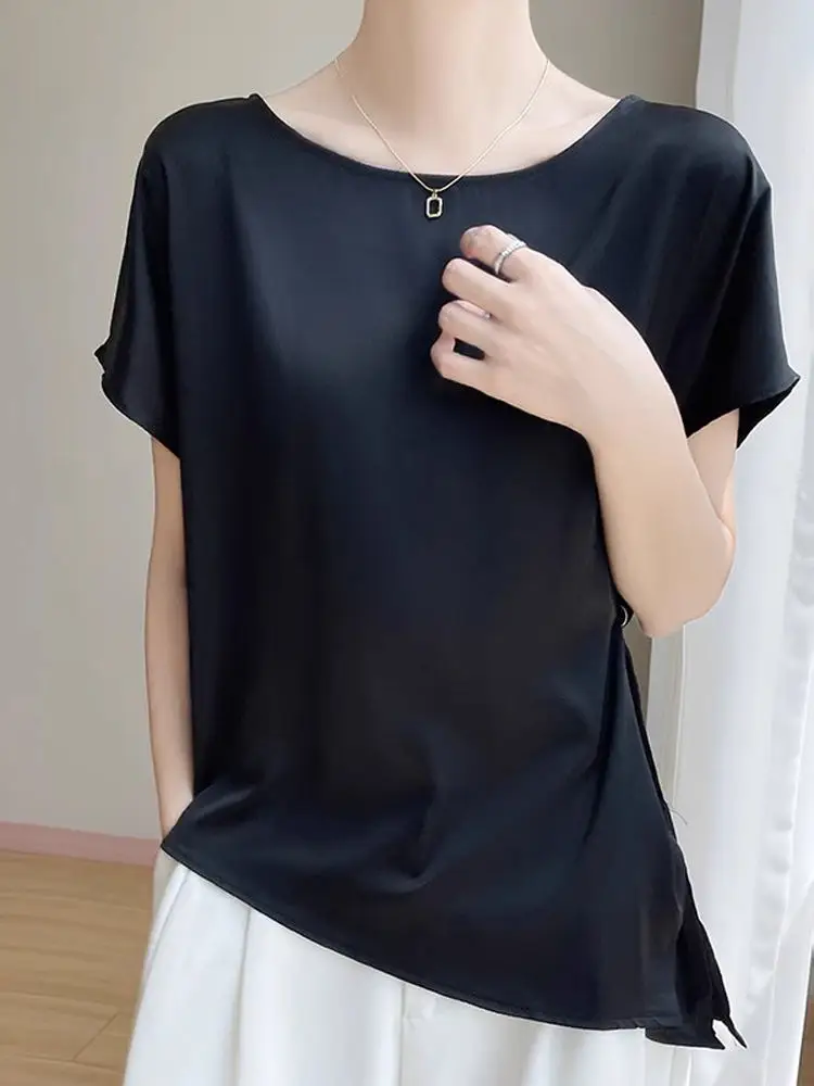 

Silky Satin Bla irt Women's Faionable Summer Top ort Sve Ele irt Versatile 2025 New Sle Moisture ng