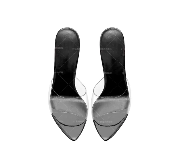 New Black Transparent PVC Pointed Cool Dragging Mill Shoes High Heels 12cm Half Dragged Women's Summer Outerwear