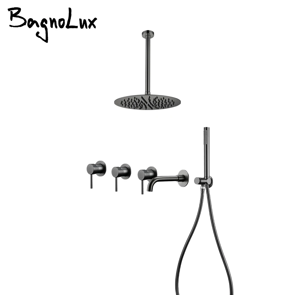 Shower Faucet System Set Bathroom Mixer Gunmetal Ceiling Arm 8-10-12 Inch Rainfall Shower Head 3 ways Bath Tap With Spout 150/21