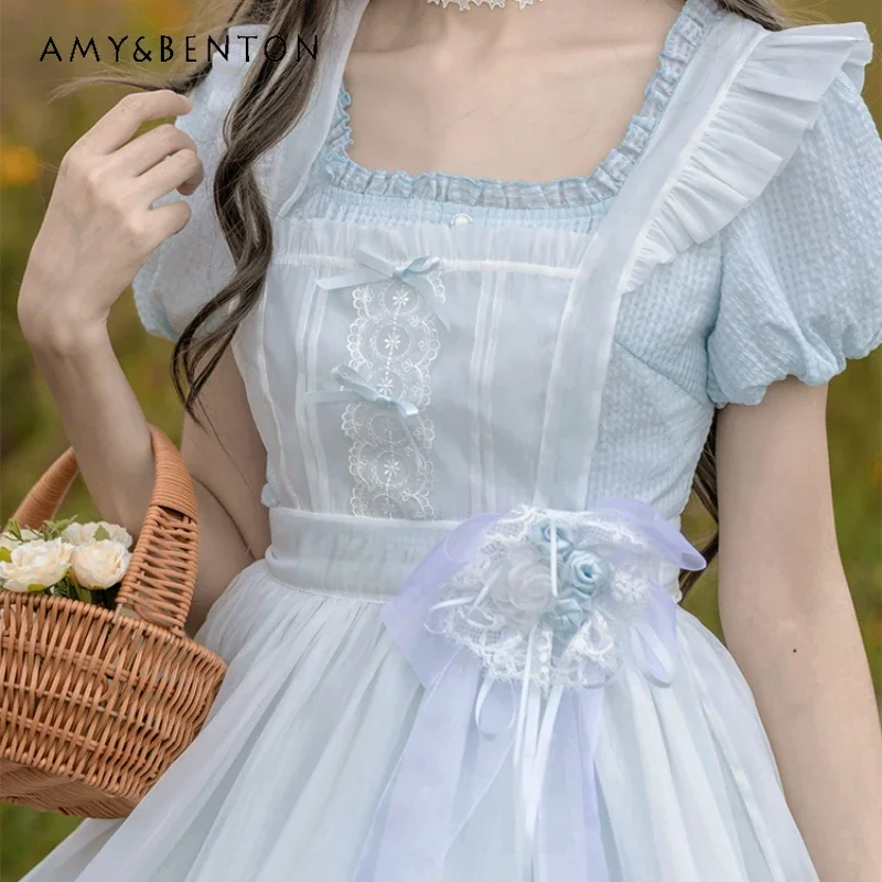 

2024 New Japanese Jk Uniform Original Design Summer Sweet Blue Half-Open Collar Outer Skirt Apron A Line Waist Dress For Women