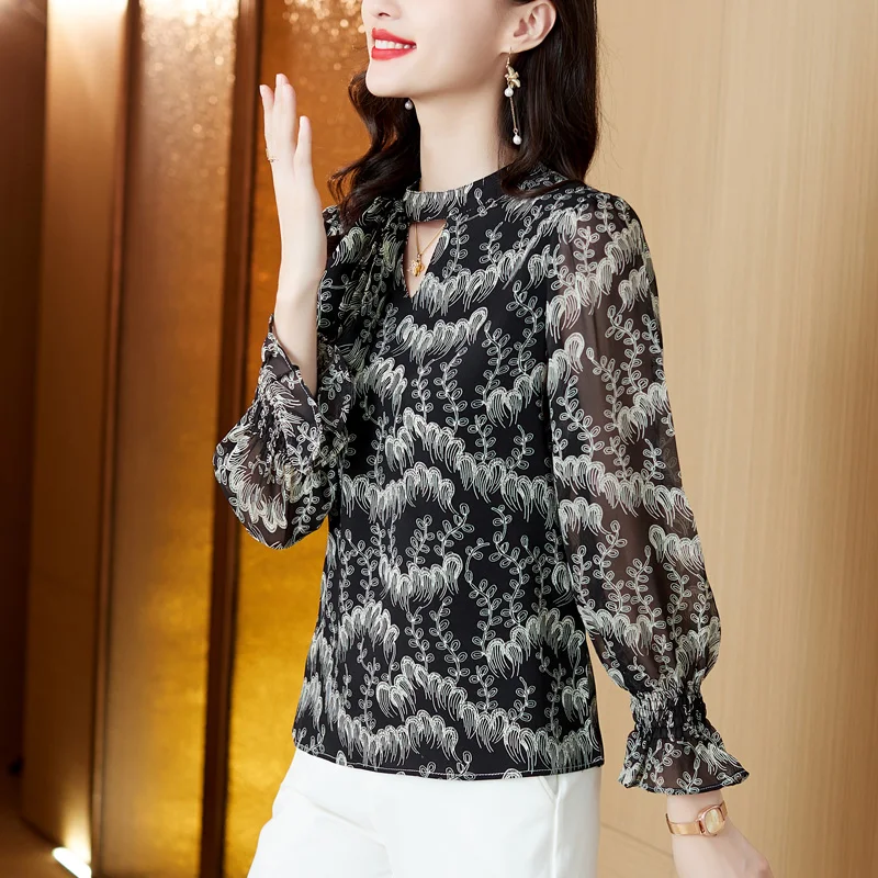 Printed Women's Shirt Long Sleeved Blouse 2025 Spring Autumn Female Clothing Loose Fashion Ladies Tops Transparent Thin Shirts
