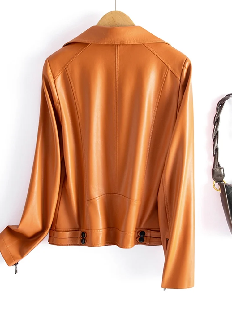 Giacca in Vera Pelle Haining da Donna, Modello Slim Fit, Taglie Grandi, in Pelle di Pecora, Nuovo Arrivo Primavera Autunno con Cerniera