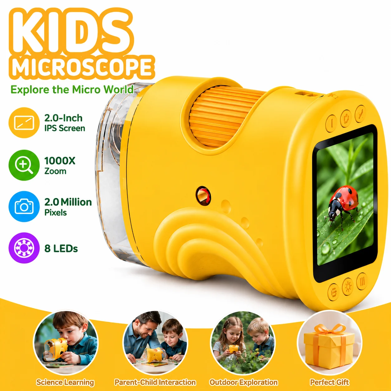 2.0-Inch Kids Digital Microscope 1000X Portable Handheld Microscope 8 LED for Outdoor Exploration Birthday Christmas Gift