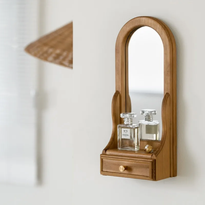 Wall-mounted makeup mirror, medieval style bedroom storage desktop wooden American decorative mirror rack