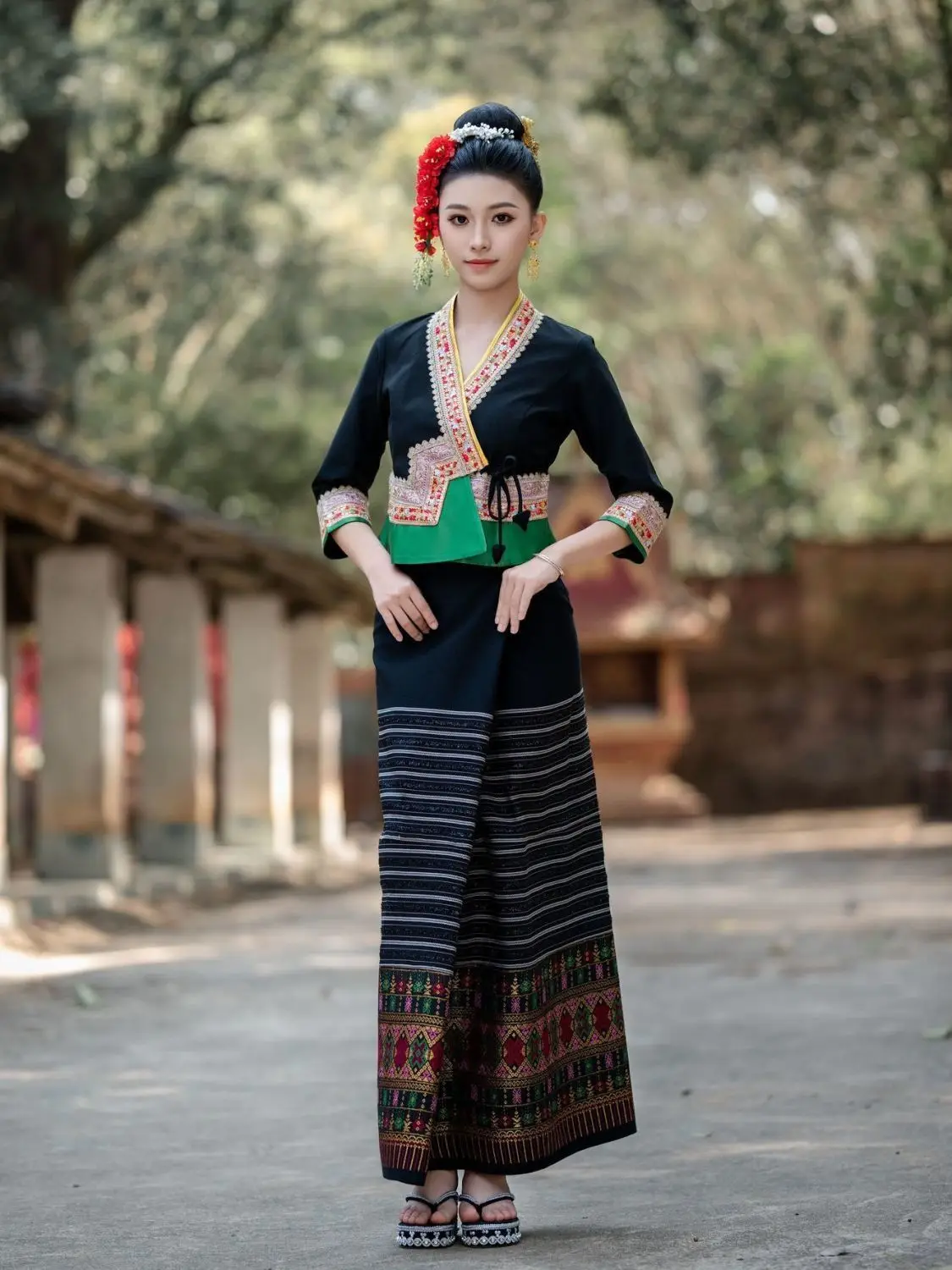 2 قطعة تايلاند ميانمار النساء داي الملابس داي العرقية زي أداء الرقص الوطني زي التايلاندية نمط فستان مجموعة #3