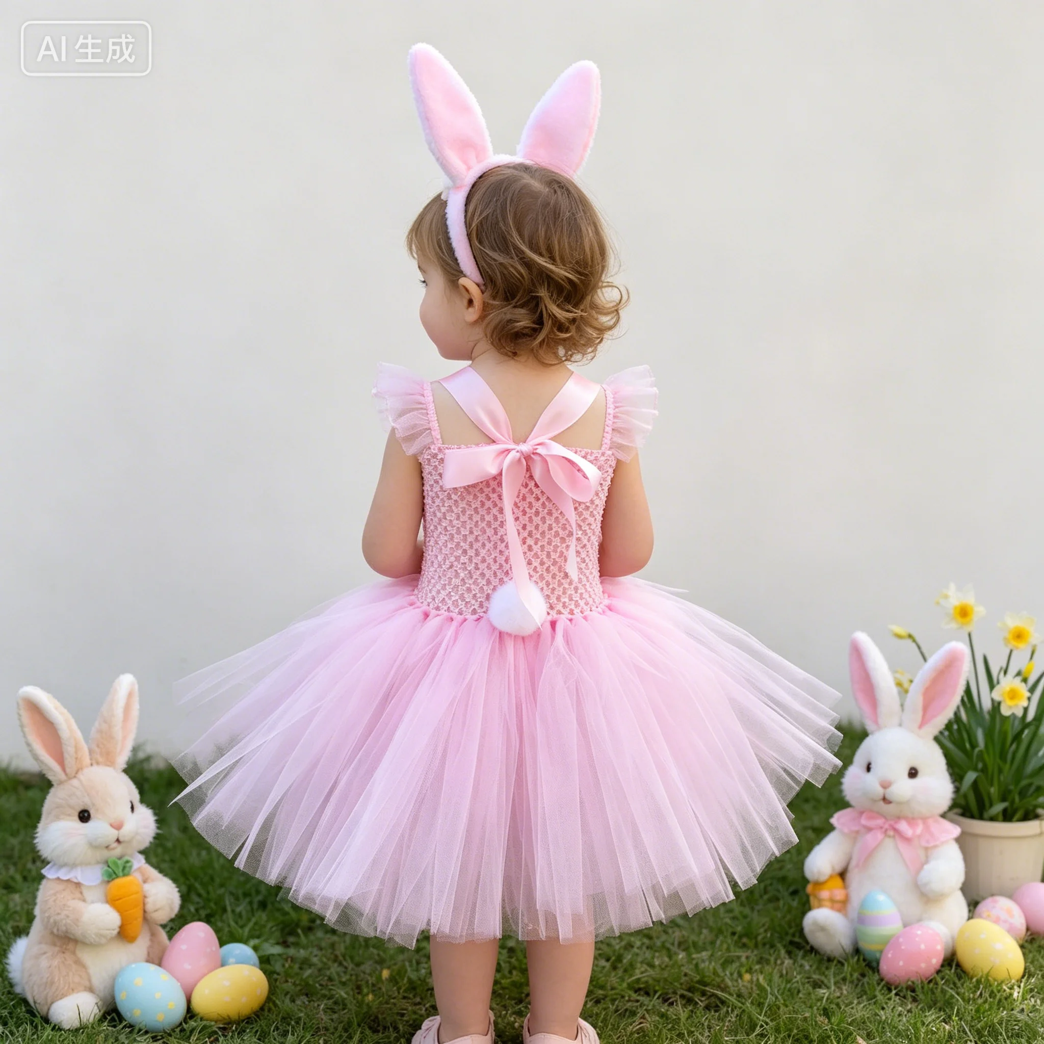 

Kids Easter 2-Piece Outfit, Bunny Mesh Tutu Dress + Flower Headband, Soft Mesh Fluffy Princess Dress, Festival Party Costume