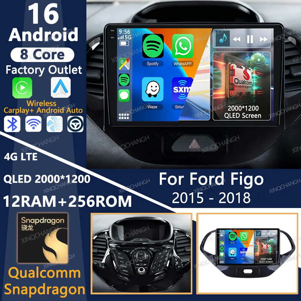 Rádio Automotivo Android 16 para Ford Figo 2015 - 2018 QLED GPS Qualcomm Carplay Auto BT Head Unit 4G LTE 5G WIFI 2DIN Navegação BT GPS
