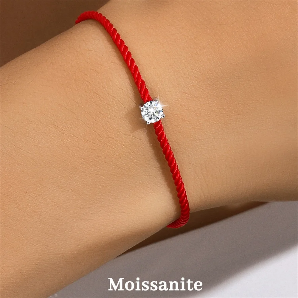 925 Sterling Silver 0.5ct D VVS Moissanite Red Rope Bracelet with for Women Fine Jewelry Wedding Engagement Party Christmas Gift