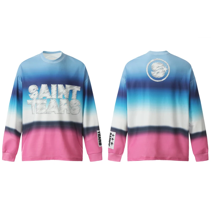 

2024 Tie Dye Gradient Color T-shirt Saint Loose Casual Long Sleeves Men Women Trend Brand Saint High-quality Movement Top Tee