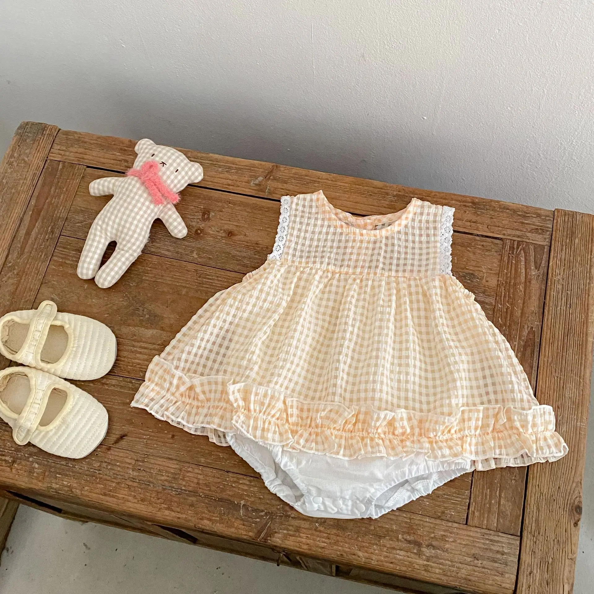 2026 Korean Casual Style Summer Hot Selling Girls' Spliced Sleeveless Lace Plaid Bag Fart One-piece Crawling Skirt