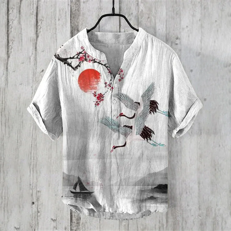 New 2024 fashion Mens Casual v-neck Shirt short Sleeve Band Collar Henley Shirt fashion art illustration print Tops