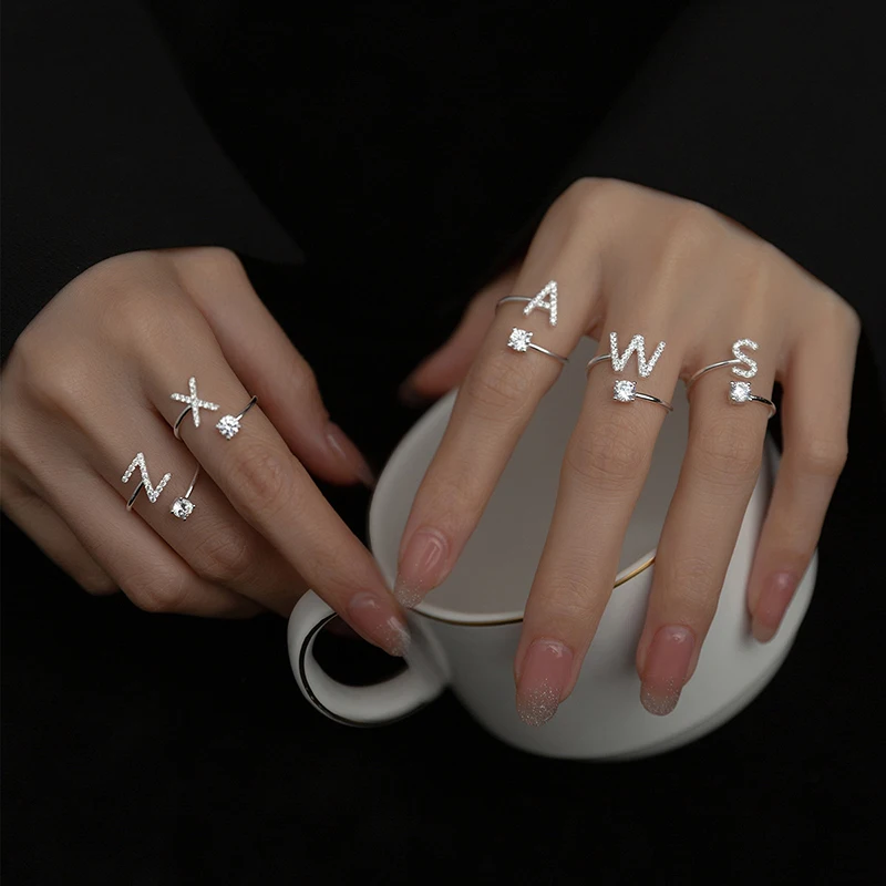 Shining Rhinestone 26 Letters Adjustable Rings New Fashion Initial A-Z Alphabet Opening Ring For Women Charm Jewelry Gift