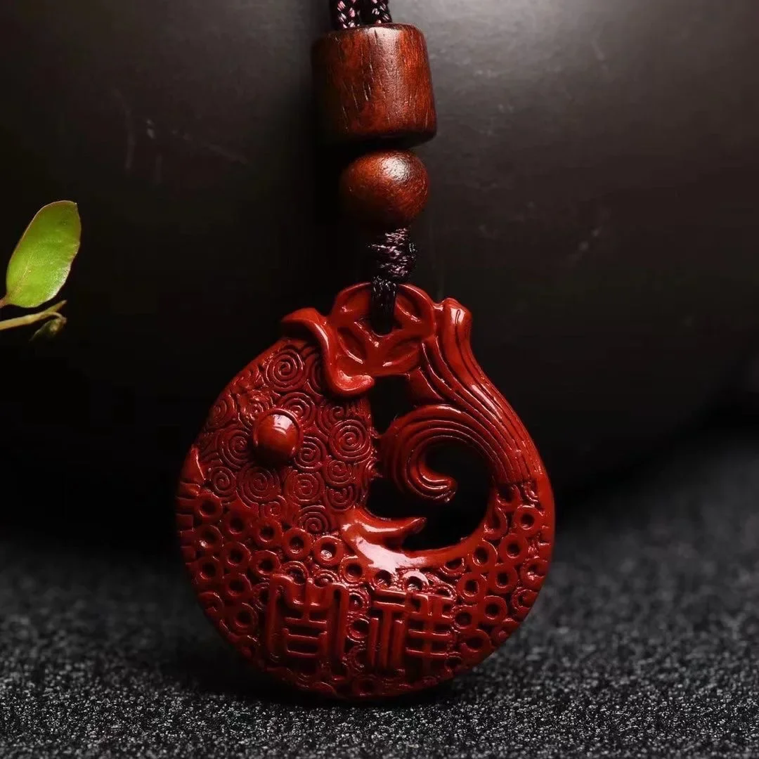 Fashion Cinnabar Jade Double Sided Carving Goldfish Pendant Necklace Jewellery Chinese Healing Women Man Luck Gift Sweater Chain