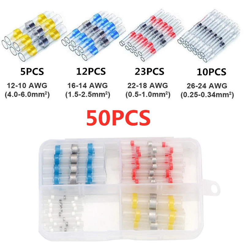 

50pcs Heat Shrink Solder Sleeves Wire Crimp Butt Terminals Connectors Kit with case Automotive Marine Insulated