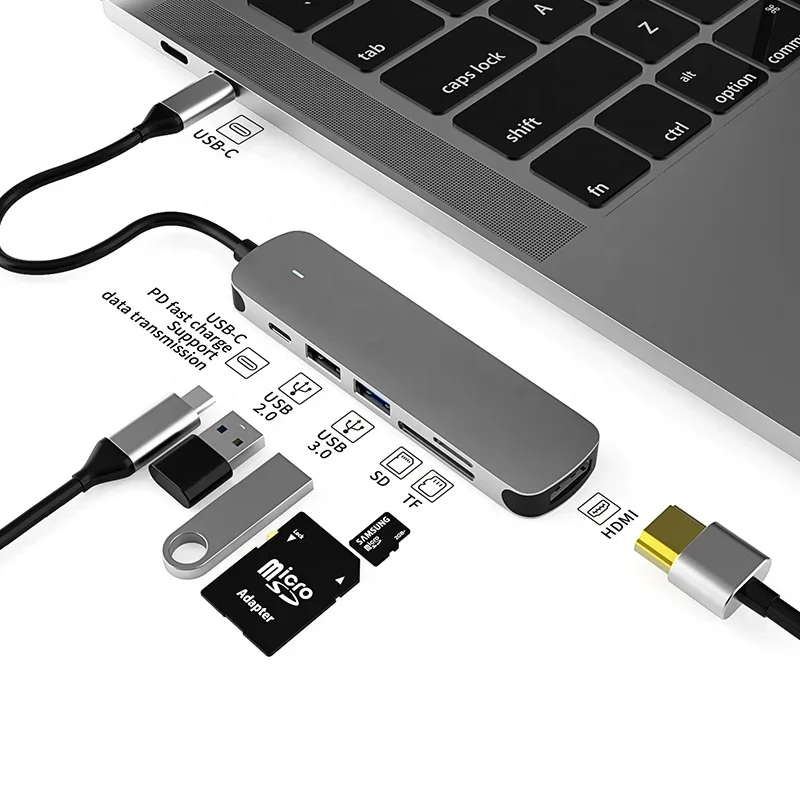 6 in 1 usb c hub PD100W SD/TF card reader USB 3.0 multifunction adapter