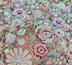 Heavy embroidery wedding dress fabric cross-border mesh lace cheongsam bride dress embroidery sequin embroidery cloth