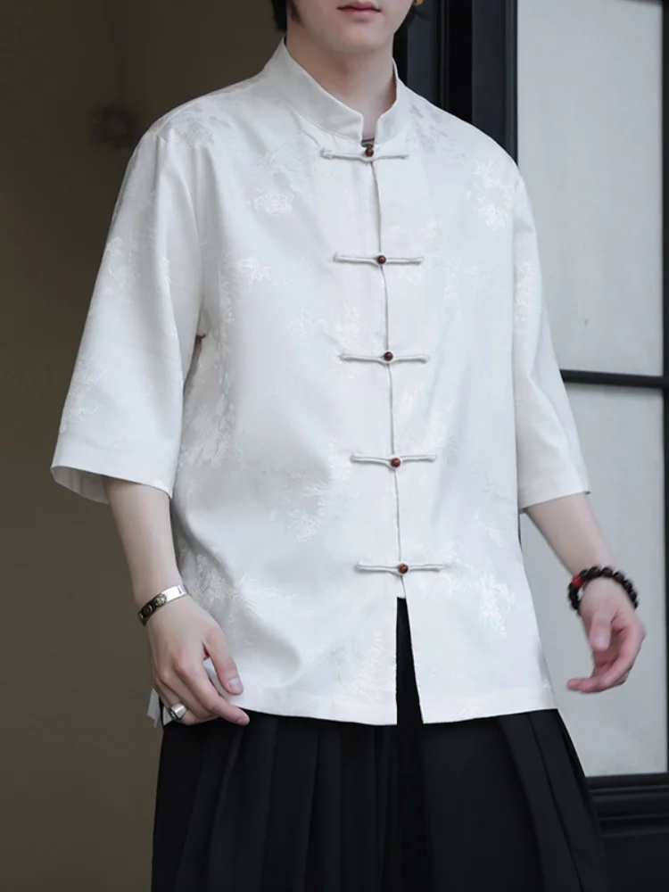 

Ice Silk Loose Fit ort Sve irt Vintage Button up Breathable Lightweight Men's Summer Faion Traditional Chinese Sle...