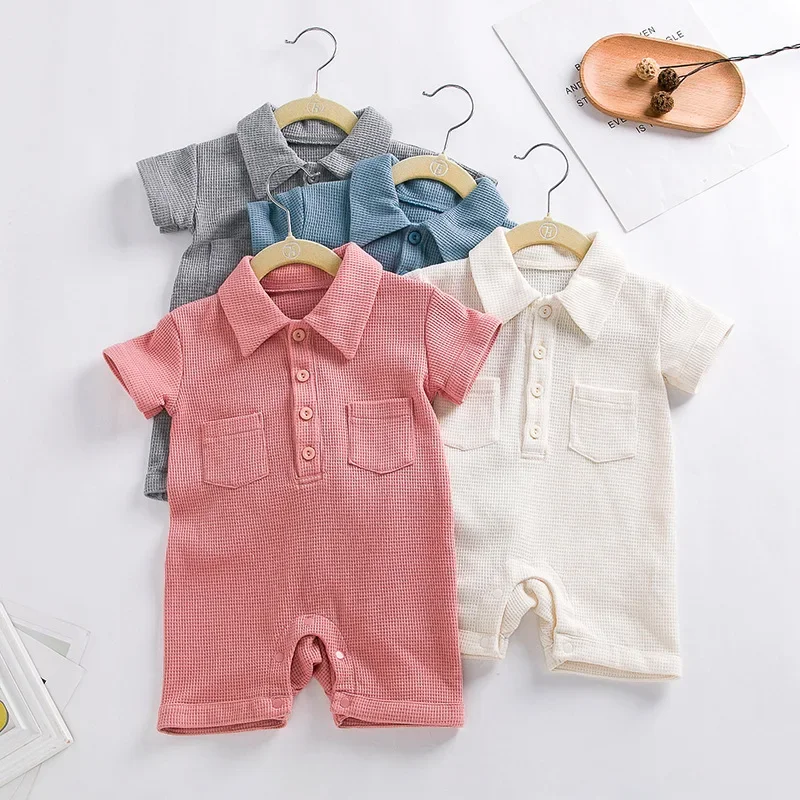 0-24M Newborn Baby Girl Solid Waffle Short Sleeve Jumpsuit Baby Unisex Boys & Girls Infant Tooling Bodysuit