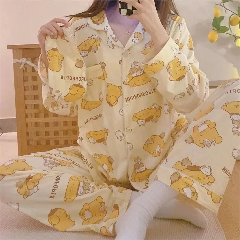 Sanrios Pompom Purin Kuromi Long-Sleeved Pajamas for Girls Autumn and Winter New Cartoon Cute Loose Trendy Home Outing Set