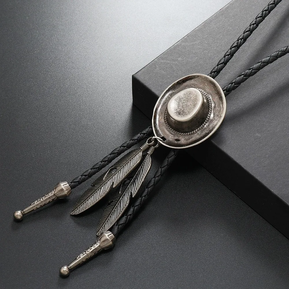 New Vintage Western Cowboy Hat Necklace Leather Rope Unisex Long Pendant Chain Adjustable Alloy Metal Feather Necktie Party