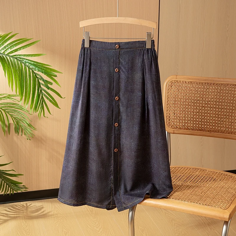 Winsleter- Women 100%Real Silk Elegant Skirts, Elastic Waist Button, French Vintage Party Skirt, 2025 Spring Summer New B51814CC