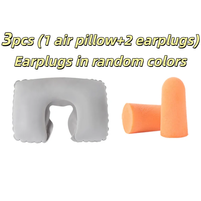3Pcs 1 Inflatable Pillow + 2 Earplugs. Travel-Friendly, Lightweight Inflatable U-Shaped Pillow. Earplugs For Noise Reduction.