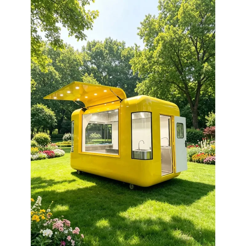 Container Factory Yellow Steel Electric Flip Wing Mobile Food Trailer Creative Street Food Kiosk for Hotel Use
