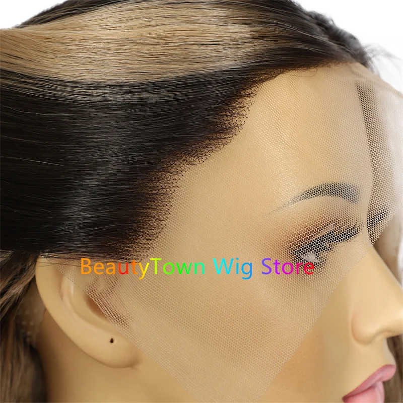 2024 13x4 Synthetic Lace Front Wig Gold Brown Highlight 28‘’ Transparent Lace Daily Wear Heat Safe Premium Synthetic Wig