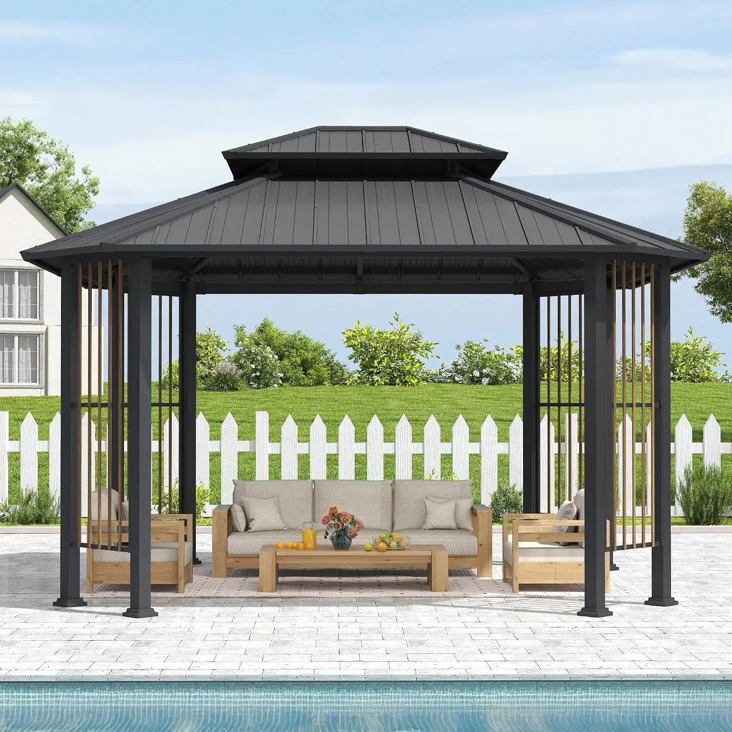 11' x 13' Octagon Outdoor Hardtop Gazebo Pavilion with Double-Tiered Ventilated Roof, Dual Rails and Ceiling Hook, Shade for Patio, Garden and Backyard