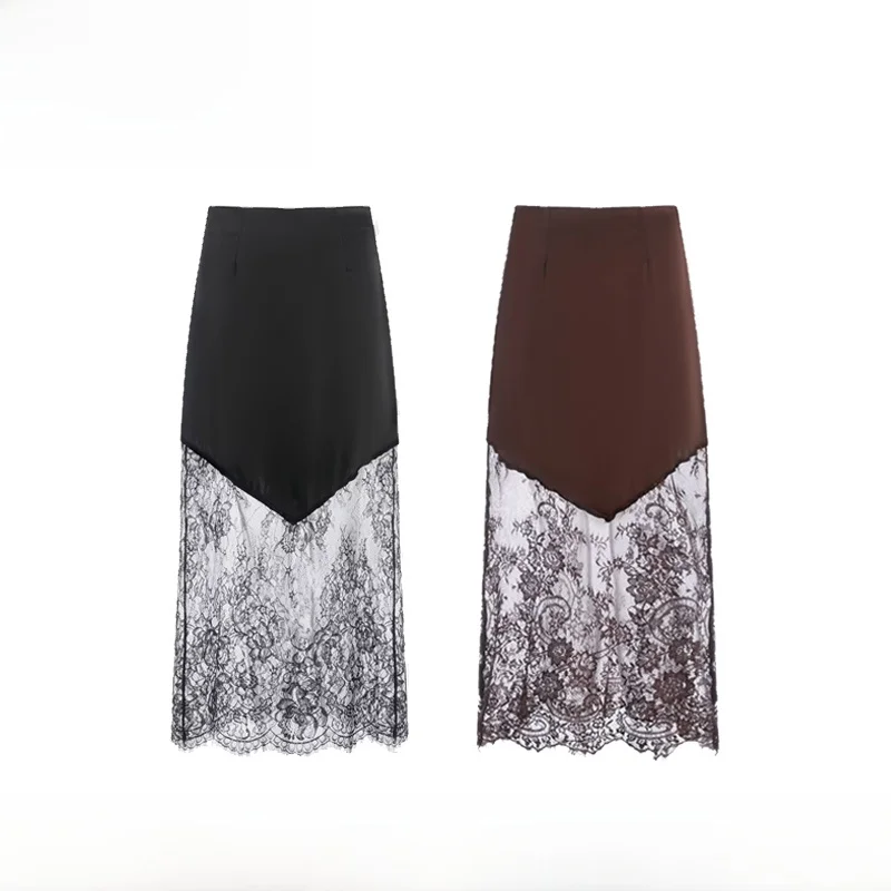 

EVEA New Women's Faion Lace Splicing Long Skirt mid Waist Straight Tube Stand Fit Polyester Fiber Casual Sle Skirts