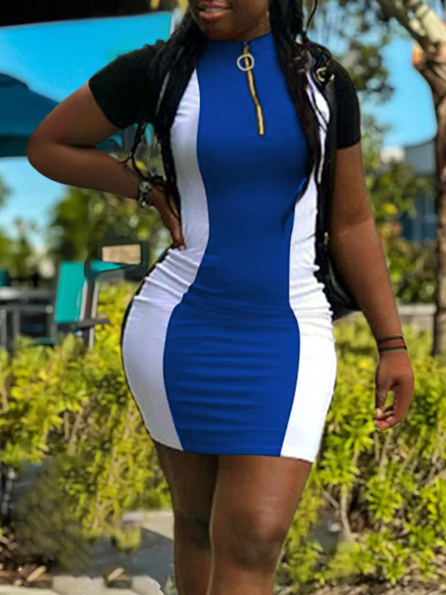 

LW Casual Blue And White Patchwork Blue Mini Dress Turndown Collar Short Sleeve Zipper Design Dress Women Causal Fashion Clothes