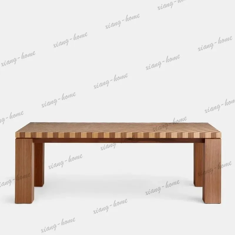 Retro Check Pattern Solid Wood Dining Table, Hotel Art Rectangular Wooden Table, Mid-century Simple Home Long Table