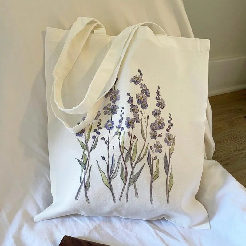 

Purple Lavender Flower Canvas Tote Bag Watercolor Floral Print Shoulder Bag Reusable Eco Friendly Tote for Women