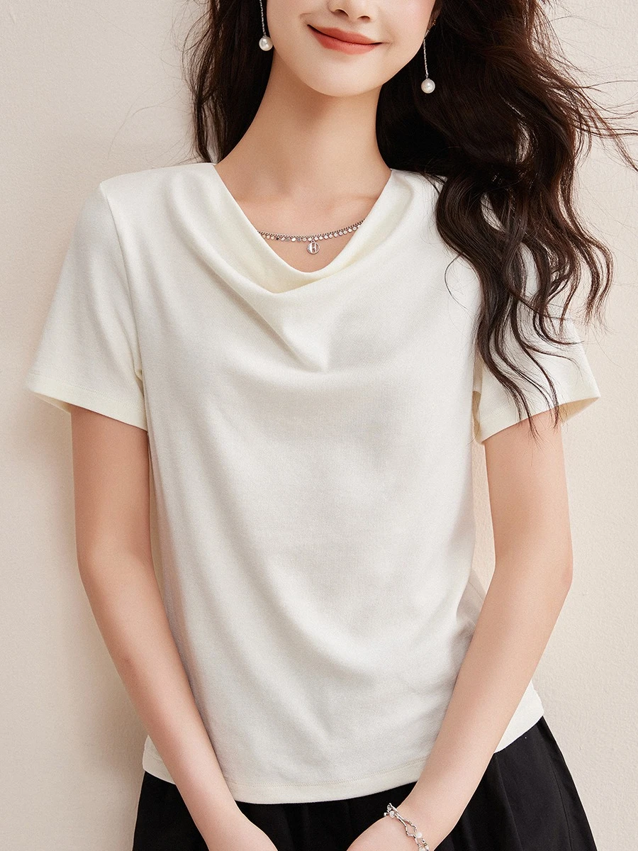 Women Retro Mocha Brown Imitation Cashmere Tee Cowl Neck Luxury Slim Short Sleeve Basic Inner Layer Daily Fashion Tops