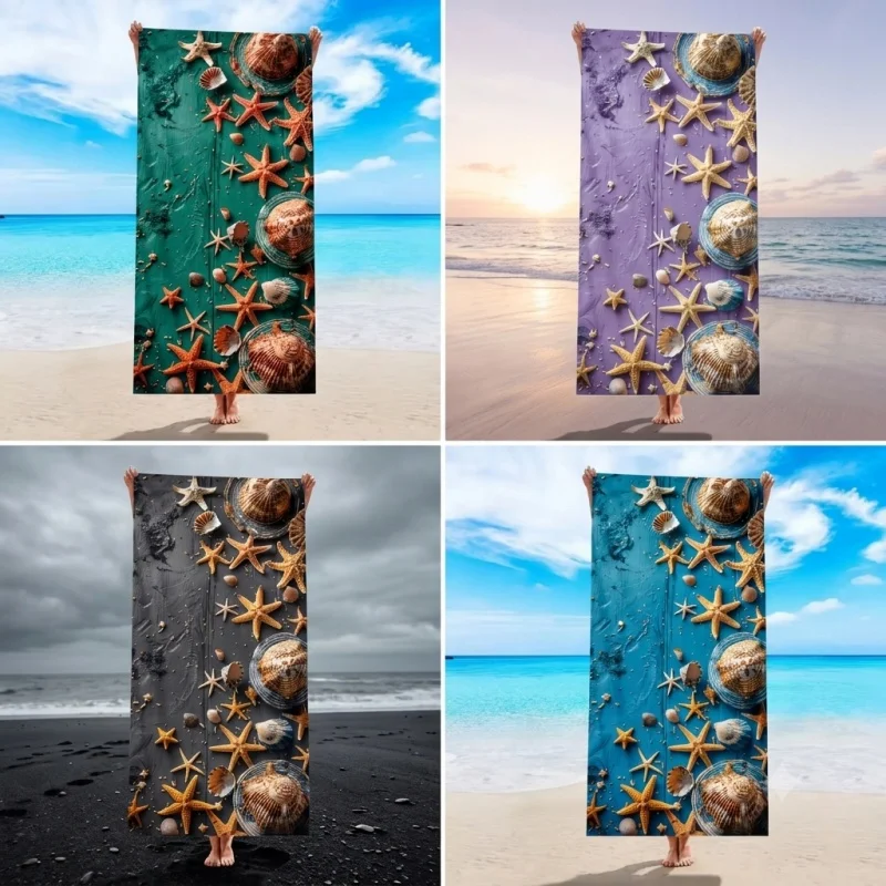 2026 Newest Microfiber Beach Towel Starfish Seashell Print Quick Dry Lightweight Sand Free Travel Swimming Towel