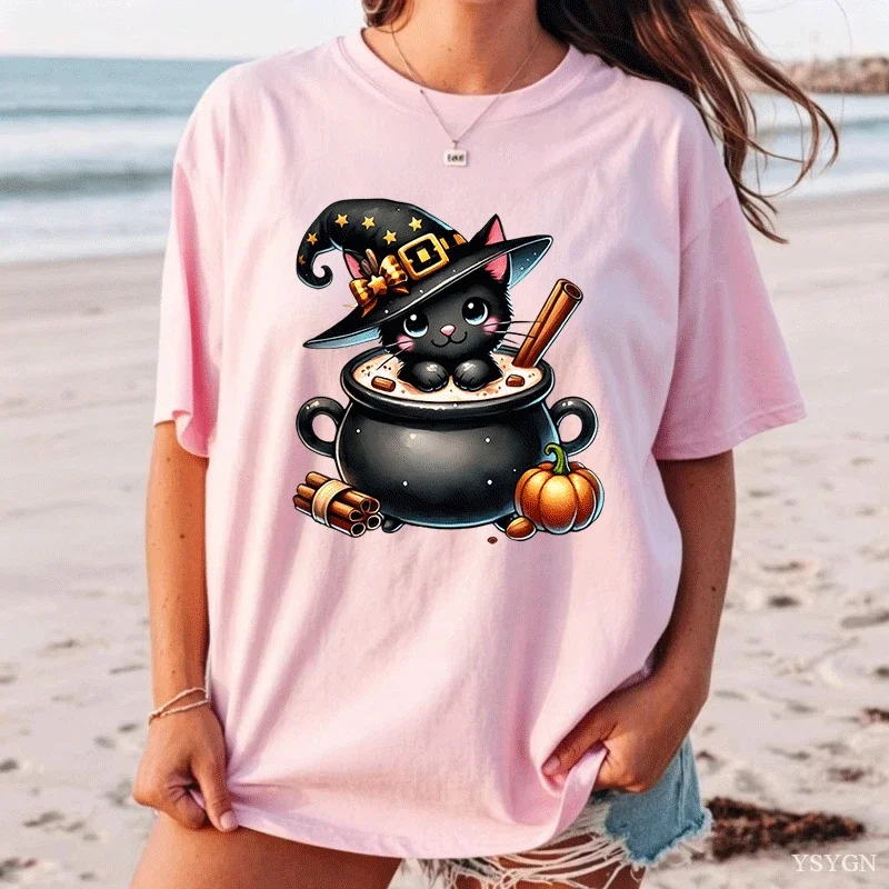 Cute Halloween Cat Fairy and Ghost Playful Witch Design T Shirt Vintage Washed Slightly Designer Clothes Versatile Streetwear