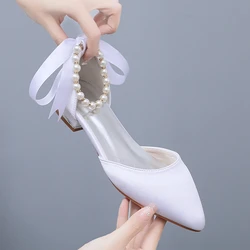 Crystal Queen Pearl Strapping High-heeled Shoes Summer Square Heel Pointed Hollow Women's Sandals Casual party Flat