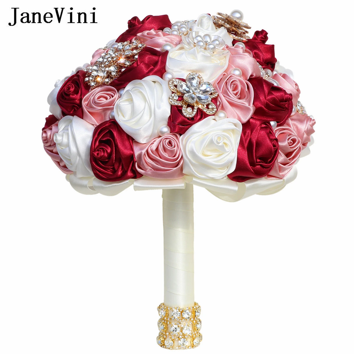 

JaneVini Dark Red Rose Wedding Bouquet with Crystals Pearls Luxury Bridal Flowers Customized Color Bride Bousuet Cristal Mariage