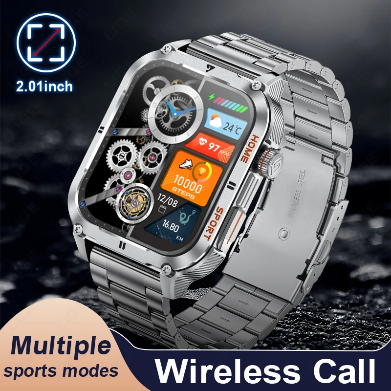 

LIGE Rugged Military Outdoor Smart Watch Men 2.01" HD Screen Wireless Call Watch Men Waterproof Sport Smartwatch For Android IOS