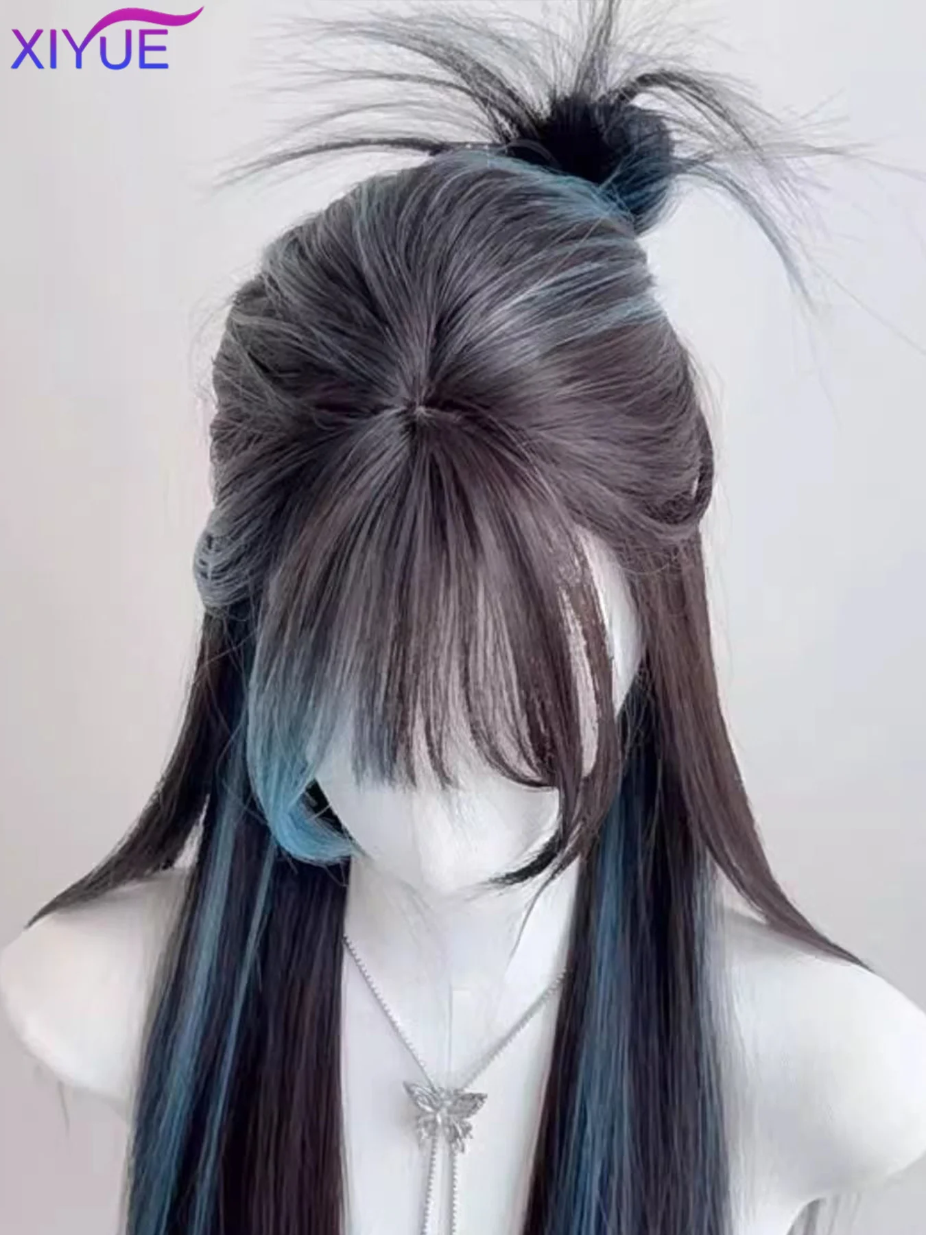 XIYUE Blue Gradient Black Color Synthetic Wigs With Bang Long Natural Straight Hair Wig For Women Cosplay Heat Resistant