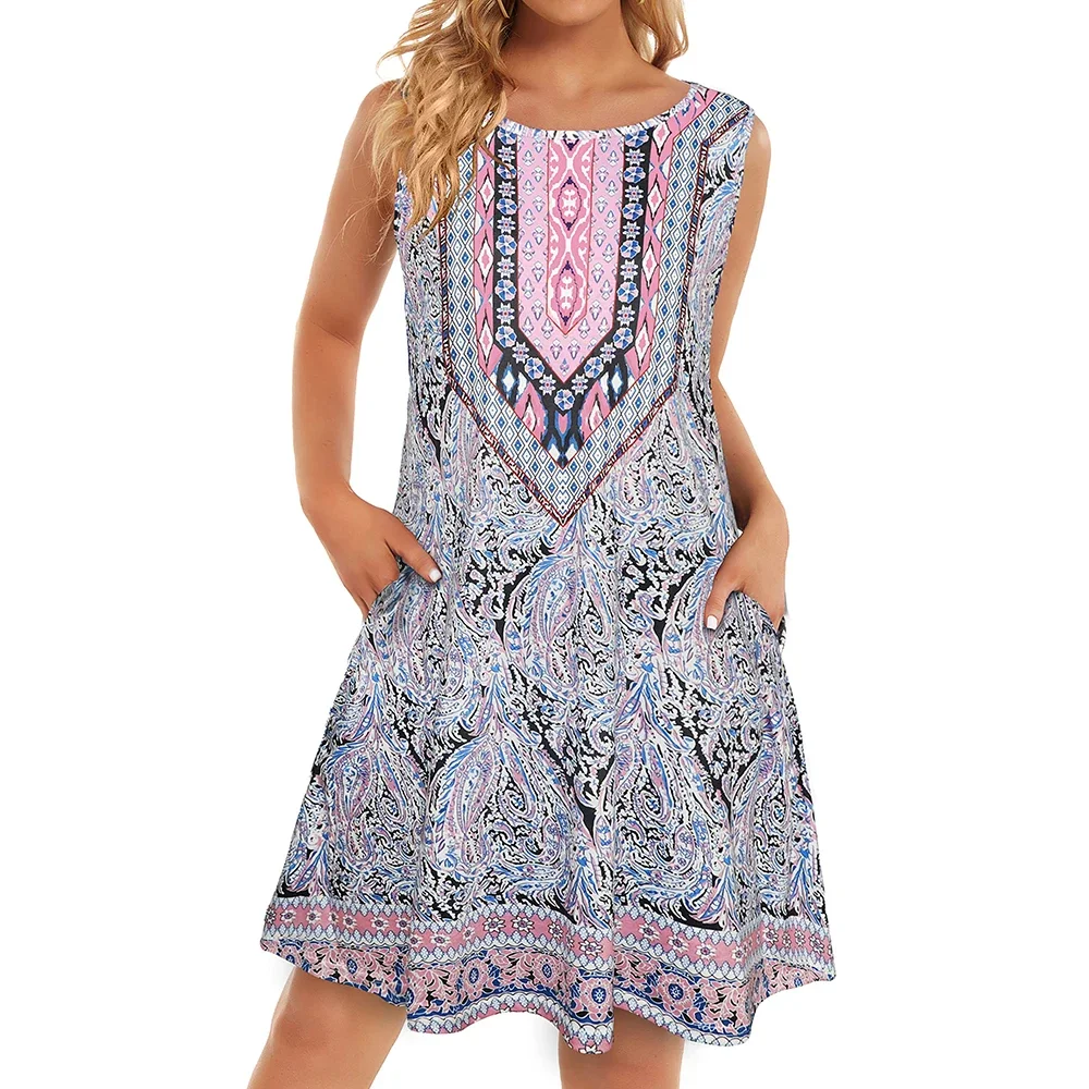 Summer Women\'s Round Neck Sleeveless Casual Fashion Dress Bohemian Style Beach Vest Versatile Gradient Oversized Loose Dress